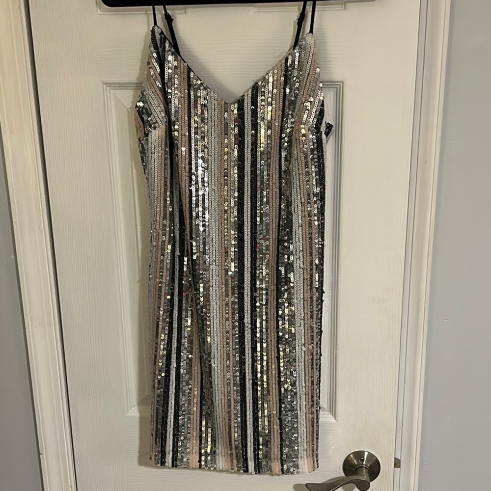 Four-toned stripe sequin mini dress